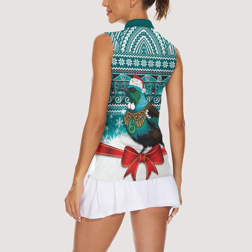 New Zealand Tui Bird Christmas Women Sleeveless Polo Shirt Maori Inspired Knitted Patterns