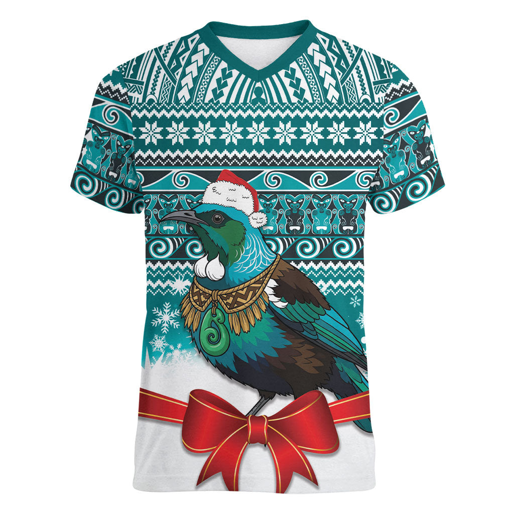 New Zealand Tui Bird Christmas Women V-Neck T-Shirt Maori Inspired Knitted Patterns