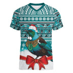 New Zealand Tui Bird Christmas Women V-Neck T-Shirt Maori Inspired Knitted Patterns