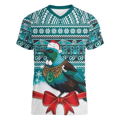New Zealand Tui Bird Christmas Women V-Neck T-Shirt Maori Inspired Knitted Patterns