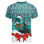 New Zealand Tui Bird Christmas Women V-Neck T-Shirt Maori Inspired Knitted Patterns