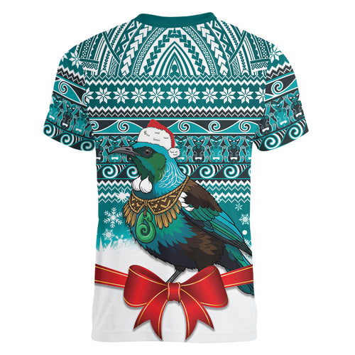 New Zealand Tui Bird Christmas Women V-Neck T-Shirt Maori Inspired Knitted Patterns