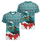 New Zealand Tui Bird Christmas Women V-Neck T-Shirt Maori Inspired Knitted Patterns