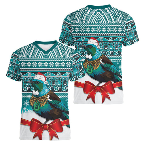 New Zealand Tui Bird Christmas Women V-Neck T-Shirt Maori Inspired Knitted Patterns
