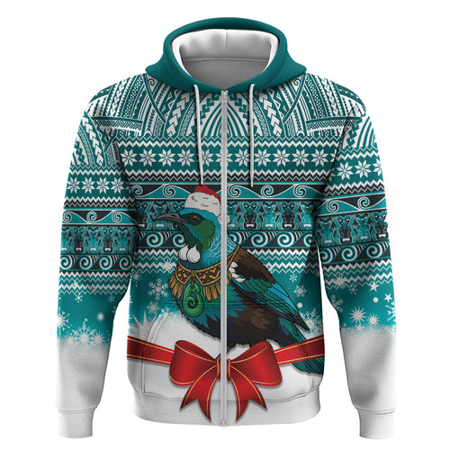 New Zealand Tui Bird Christmas Zip Hoodie Maori Inspired Knitted Patterns