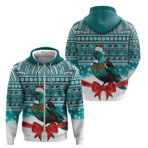 New Zealand Tui Bird Christmas Zip Hoodie Maori Inspired Knitted Patterns