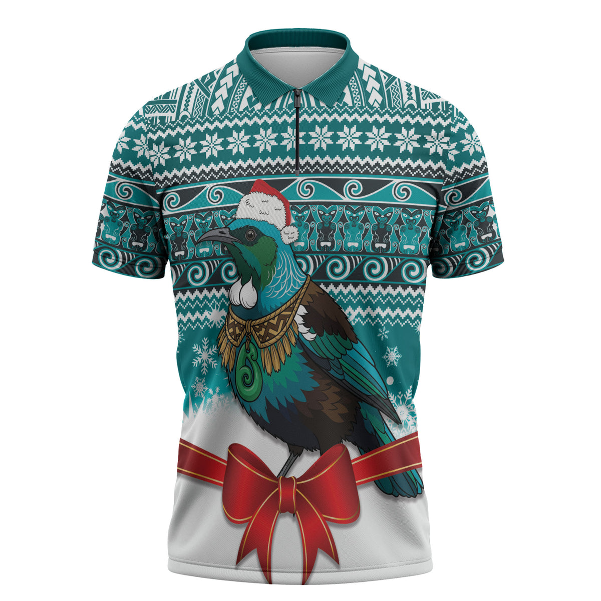 New Zealand Tui Bird Christmas Zipper Polo Shirt Maori Inspired Knitted Patterns