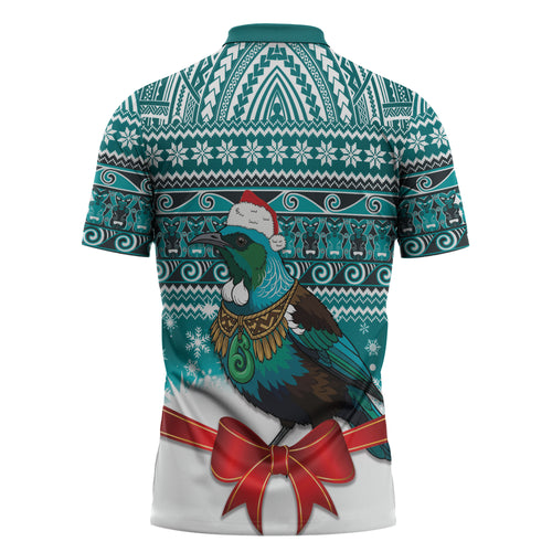 New Zealand Tui Bird Christmas Zipper Polo Shirt Maori Inspired Knitted Patterns