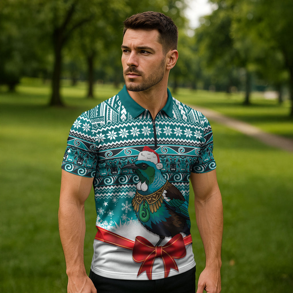 New Zealand Tui Bird Christmas Zipper Polo Shirt Maori Inspired Knitted Patterns