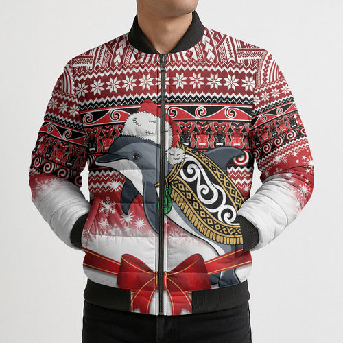 New Zealand Dolphin Terehu Christmas Bomber Puffer Jacket Maori Inspired Knitted Patterns