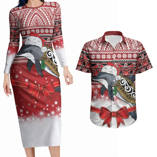 New Zealand Dolphin Terehu Christmas Couples Matching Long Sleeve Bodycon Dress and Hawaiian Shirt Maori Inspired Knitted Patterns
