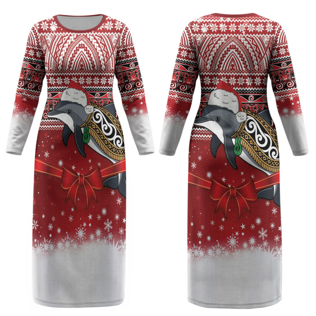 New Zealand Dolphin Terehu Christmas Couples Matching Long Sleeve Bodycon Dress and Hawaiian Shirt Maori Inspired Knitted Patterns