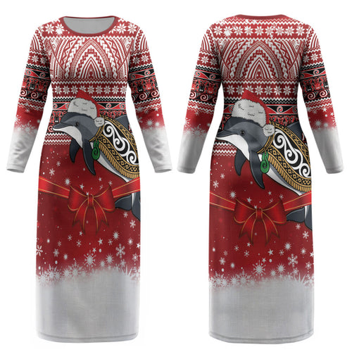 New Zealand Dolphin Terehu Christmas Couples Matching Long Sleeve Bodycon Dress and Hawaiian Shirt Maori Inspired Knitted Patterns