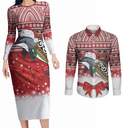 New Zealand Dolphin Terehu Christmas Couples Matching Long Sleeve Bodycon Dress and Long Sleeve Button Shirt Maori Inspired Knitted Patterns