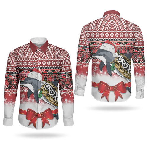 New Zealand Dolphin Terehu Christmas Couples Matching Long Sleeve Bodycon Dress and Long Sleeve Button Shirt Maori Inspired Knitted Patterns