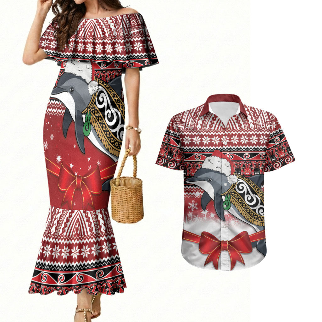 New Zealand Dolphin Terehu Christmas Couples Matching Mermaid Dress and Hawaiian Shirt Maori Inspired Knitted Patterns
