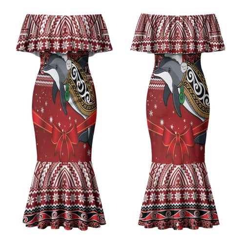 New Zealand Dolphin Terehu Christmas Couples Matching Mermaid Dress and Hawaiian Shirt Maori Inspired Knitted Patterns