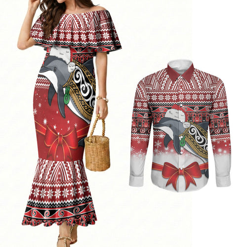 New Zealand Dolphin Terehu Christmas Couples Matching Mermaid Dress and Long Sleeve Button Shirt Maori Inspired Knitted Patterns