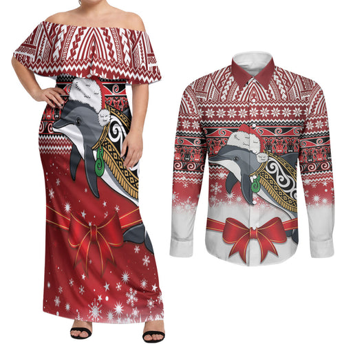 New Zealand Dolphin Terehu Christmas Couples Matching Off Shoulder Maxi Dress and Long Sleeve Button Shirt Maori Inspired Knitted Patterns