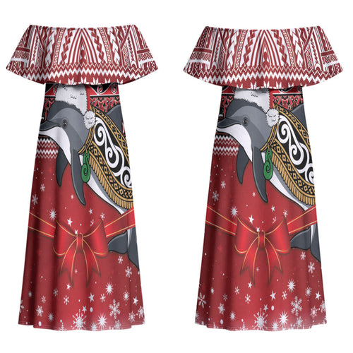 New Zealand Dolphin Terehu Christmas Couples Matching Off Shoulder Maxi Dress and Long Sleeve Button Shirt Maori Inspired Knitted Patterns