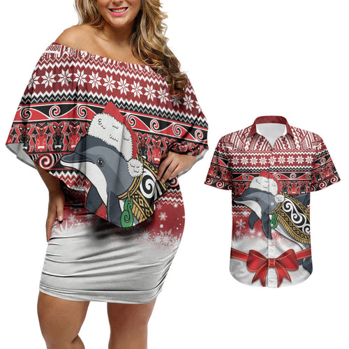 New Zealand Dolphin Terehu Christmas Couples Matching Off Shoulder Short Dress and Hawaiian Shirt Maori Inspired Knitted Patterns