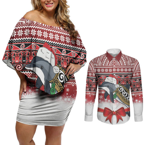 New Zealand Dolphin Terehu Christmas Couples Matching Off Shoulder Short Dress and Long Sleeve Button Shirt Maori Inspired Knitted Patterns
