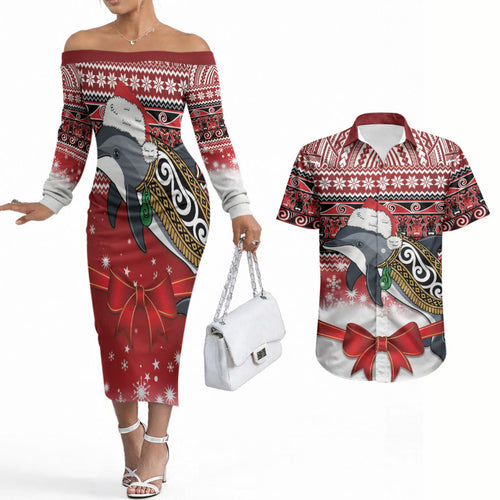 New Zealand Dolphin Terehu Christmas Couples Matching Off The Shoulder Long Sleeve Dress and Hawaiian Shirt Maori Inspired Knitted Patterns