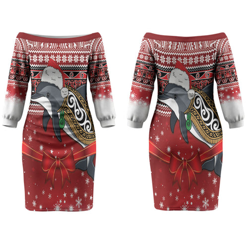 New Zealand Dolphin Terehu Christmas Couples Matching Off The Shoulder Long Sleeve Dress and Hawaiian Shirt Maori Inspired Knitted Patterns
