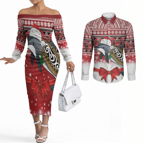 New Zealand Dolphin Terehu Christmas Couples Matching Off The Shoulder Long Sleeve Dress and Long Sleeve Button Shirt Maori Inspired Knitted Patterns