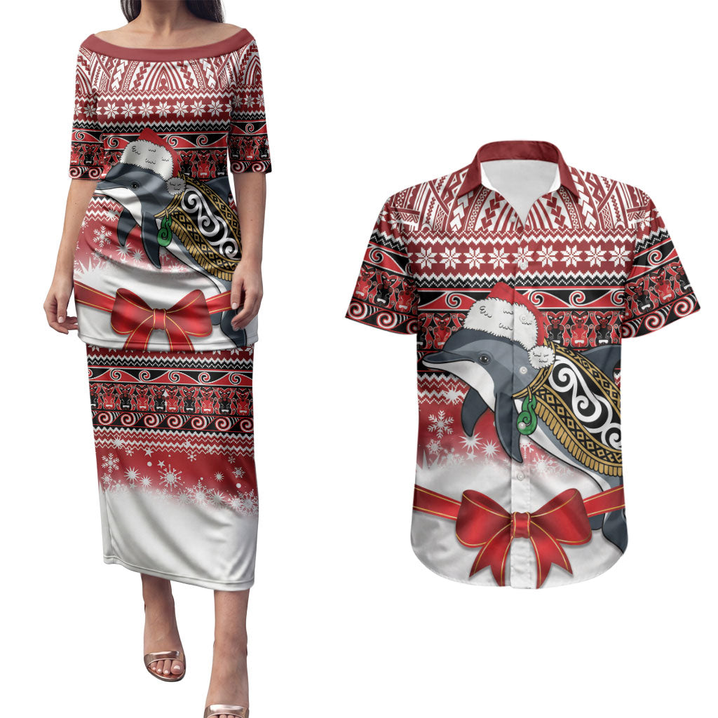New Zealand Dolphin Terehu Christmas Couples Matching Puletasi and Hawaiian Shirt Maori Inspired Knitted Patterns
