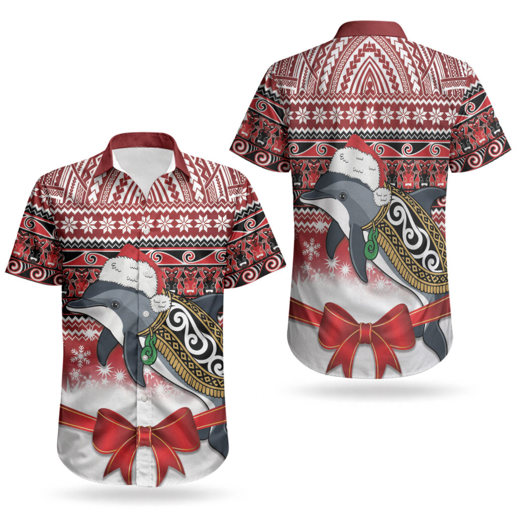New Zealand Dolphin Terehu Christmas Couples Matching Puletasi and Hawaiian Shirt Maori Inspired Knitted Patterns