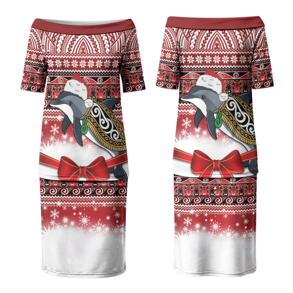 New Zealand Dolphin Terehu Christmas Couples Matching Puletasi and Hawaiian Shirt Maori Inspired Knitted Patterns