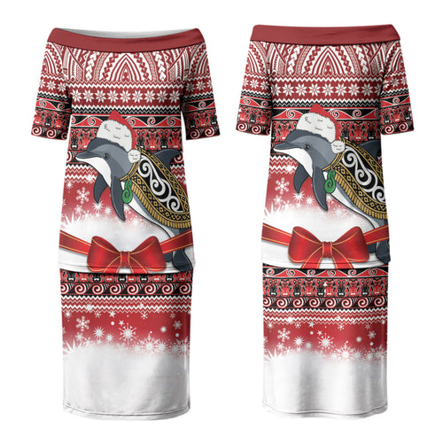 New Zealand Dolphin Terehu Christmas Couples Matching Puletasi and Hawaiian Shirt Maori Inspired Knitted Patterns