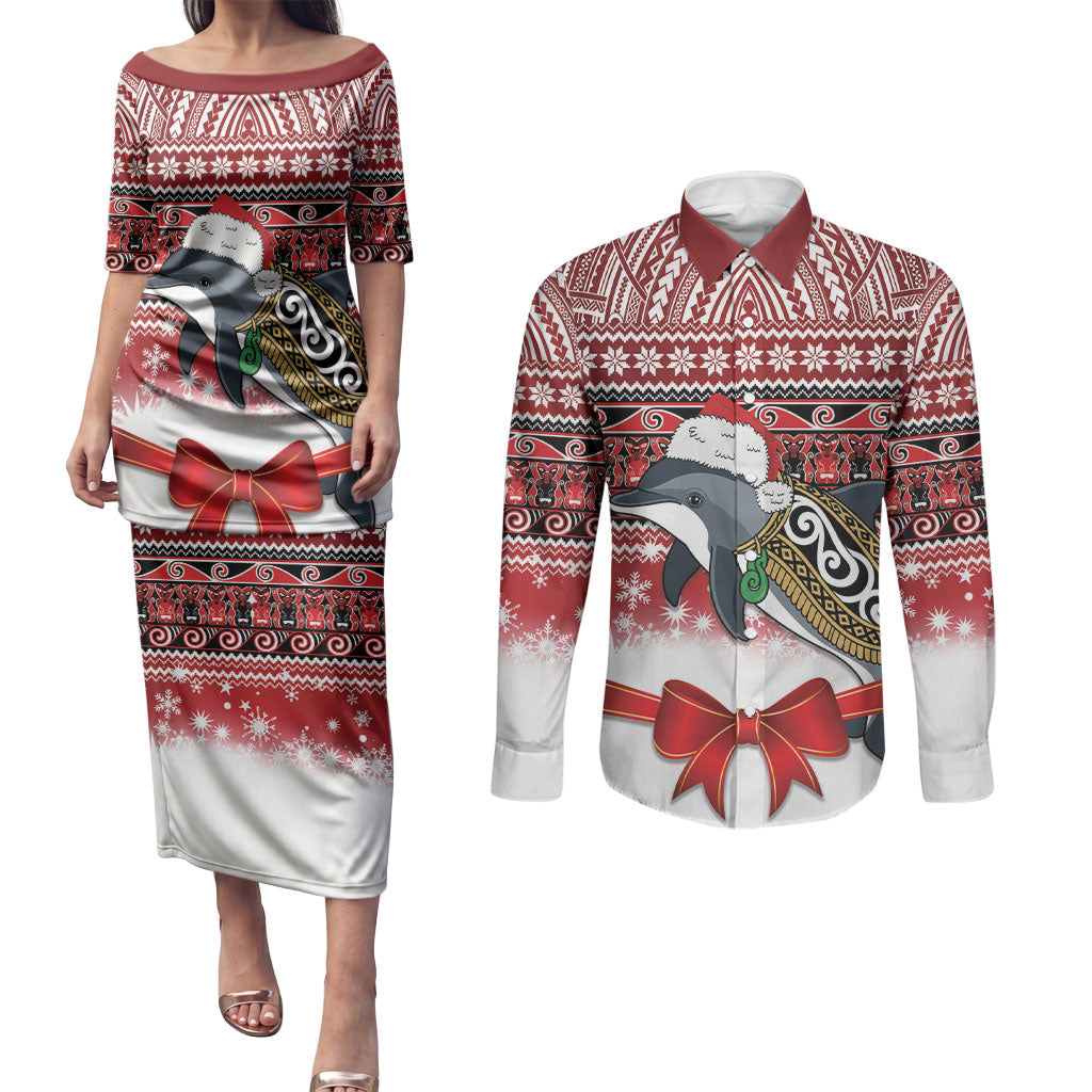 New Zealand Dolphin Terehu Christmas Couples Matching Puletasi and Long Sleeve Button Shirt Maori Inspired Knitted Patterns