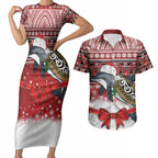 New Zealand Dolphin Terehu Christmas Couples Matching Short Sleeve Bodycon Dress and Hawaiian Shirt Maori Inspired Knitted Patterns