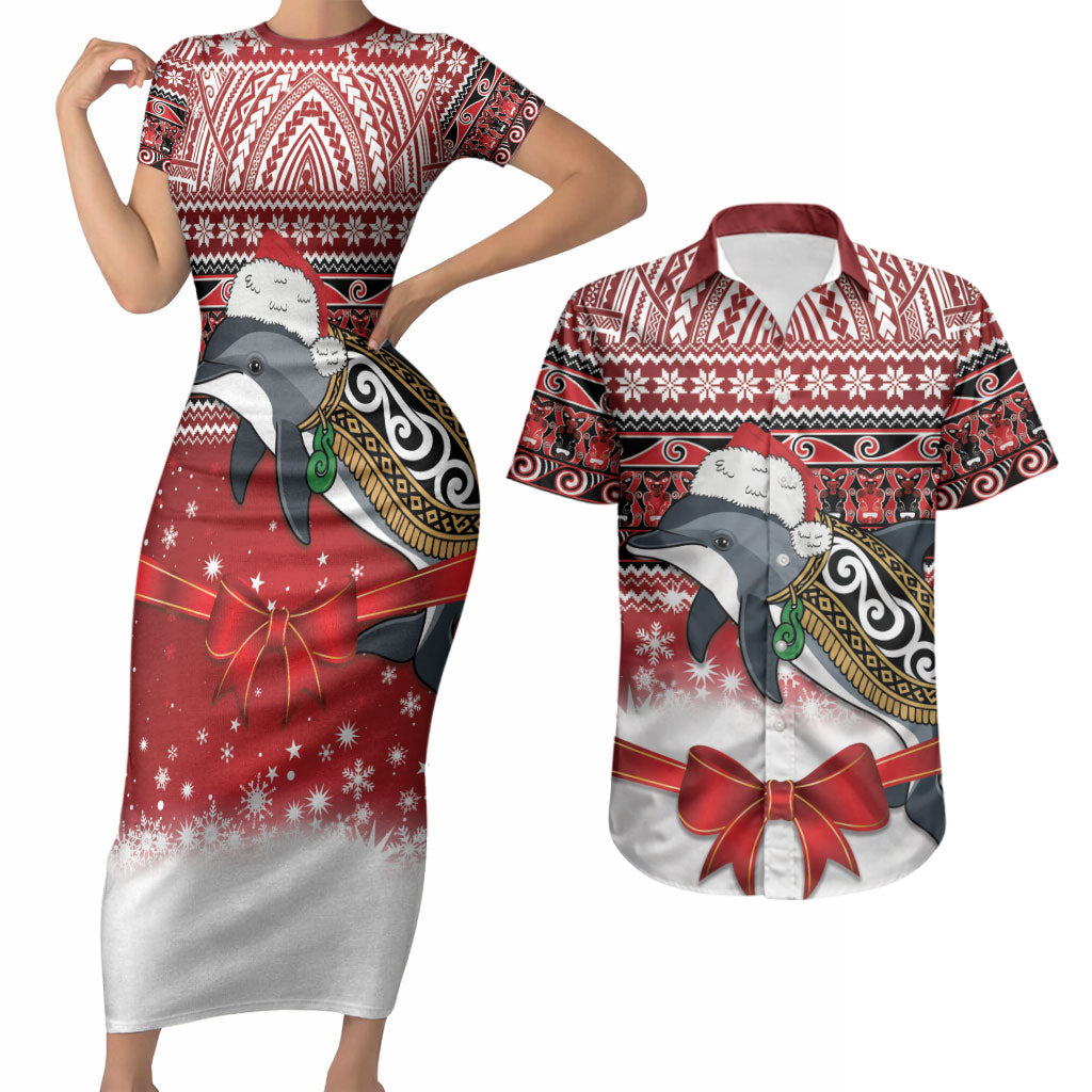 New Zealand Dolphin Terehu Christmas Couples Matching Short Sleeve Bodycon Dress and Hawaiian Shirt Maori Inspired Knitted Patterns