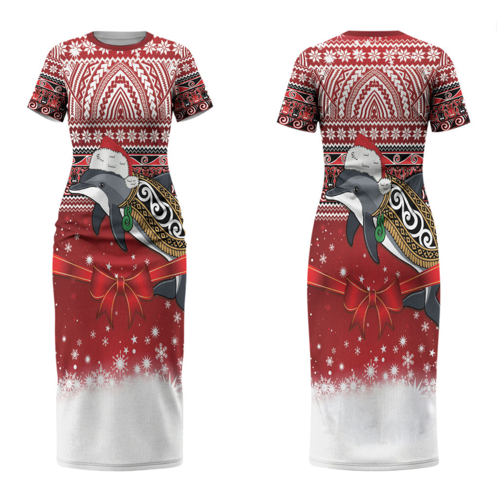 New Zealand Dolphin Terehu Christmas Couples Matching Short Sleeve Bodycon Dress and Hawaiian Shirt Maori Inspired Knitted Patterns