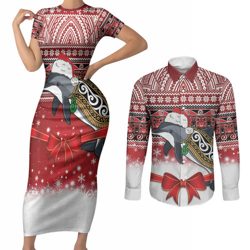 New Zealand Dolphin Terehu Christmas Couples Matching Short Sleeve Bodycon Dress and Long Sleeve Button Shirt Maori Inspired Knitted Patterns