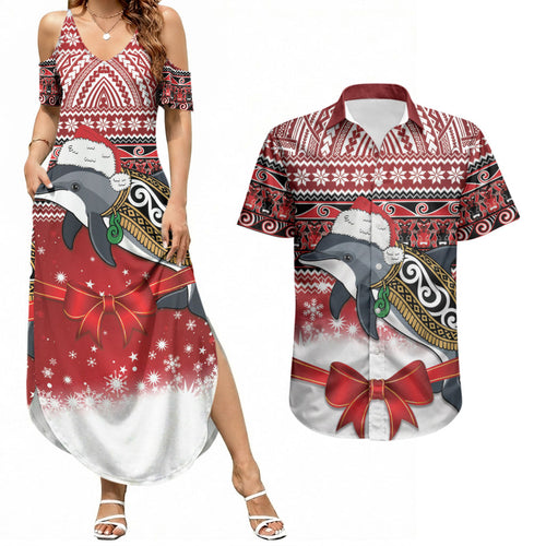 New Zealand Dolphin Terehu Christmas Couples Matching Summer Maxi Dress and Hawaiian Shirt Maori Inspired Knitted Patterns