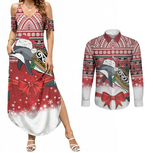 New Zealand Dolphin Terehu Christmas Couples Matching Summer Maxi Dress and Long Sleeve Button Shirt Maori Inspired Knitted Patterns