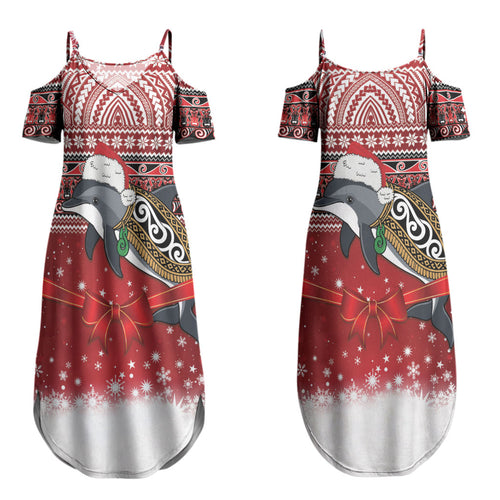 New Zealand Dolphin Terehu Christmas Couples Matching Summer Maxi Dress and Long Sleeve Button Shirt Maori Inspired Knitted Patterns