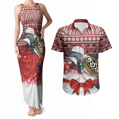 New Zealand Dolphin Terehu Christmas Couples Matching Tank Maxi Dress and Hawaiian Shirt Maori Inspired Knitted Patterns