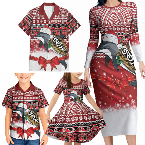 New Zealand Dolphin Terehu Christmas Family Matching Long Sleeve Bodycon Dress and Hawaiian Shirt Maori Inspired Knitted Patterns