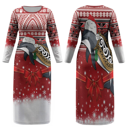 New Zealand Dolphin Terehu Christmas Family Matching Long Sleeve Bodycon Dress and Hawaiian Shirt Maori Inspired Knitted Patterns