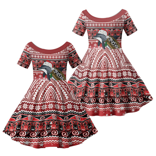 New Zealand Dolphin Terehu Christmas Family Matching Long Sleeve Bodycon Dress and Hawaiian Shirt Maori Inspired Knitted Patterns
