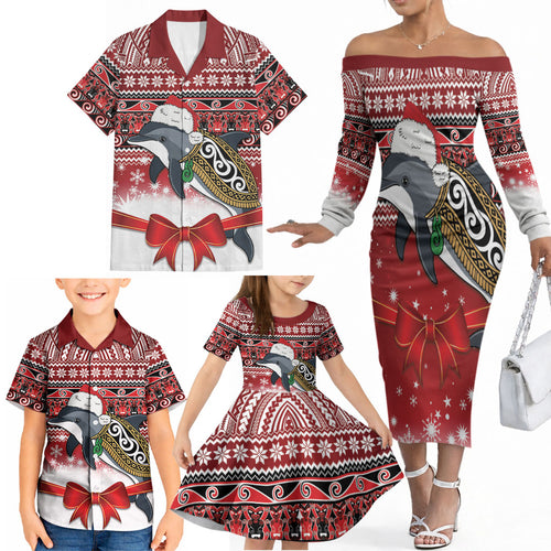 New Zealand Dolphin Terehu Christmas Family Matching Off The Shoulder Long Sleeve Dress and Hawaiian Shirt Maori Inspired Knitted Patterns