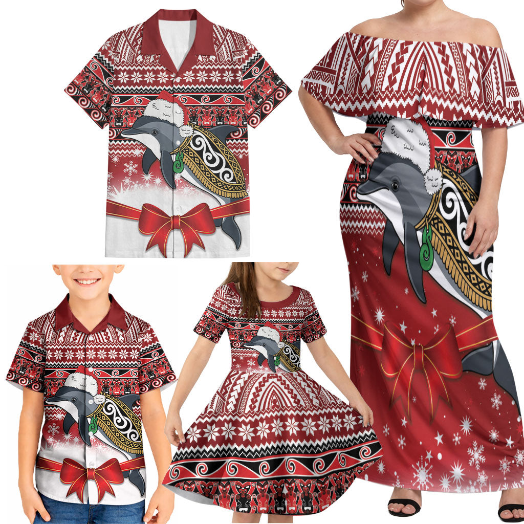 New Zealand Dolphin Terehu Christmas Family Matching Off Shoulder Maxi Dress and Hawaiian Shirt Maori Inspired Knitted Patterns