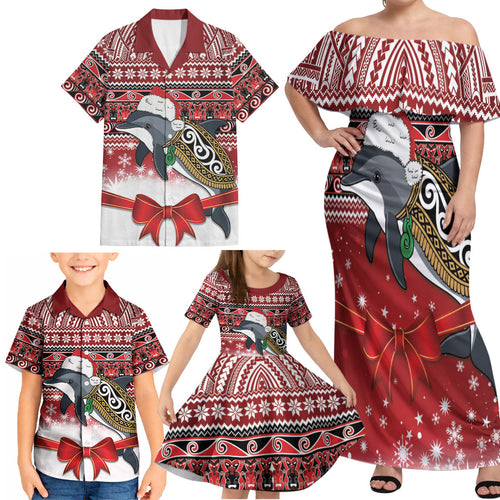 New Zealand Dolphin Terehu Christmas Family Matching Off Shoulder Maxi Dress and Hawaiian Shirt Maori Inspired Knitted Patterns