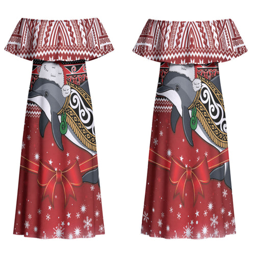 New Zealand Dolphin Terehu Christmas Family Matching Off Shoulder Maxi Dress and Hawaiian Shirt Maori Inspired Knitted Patterns