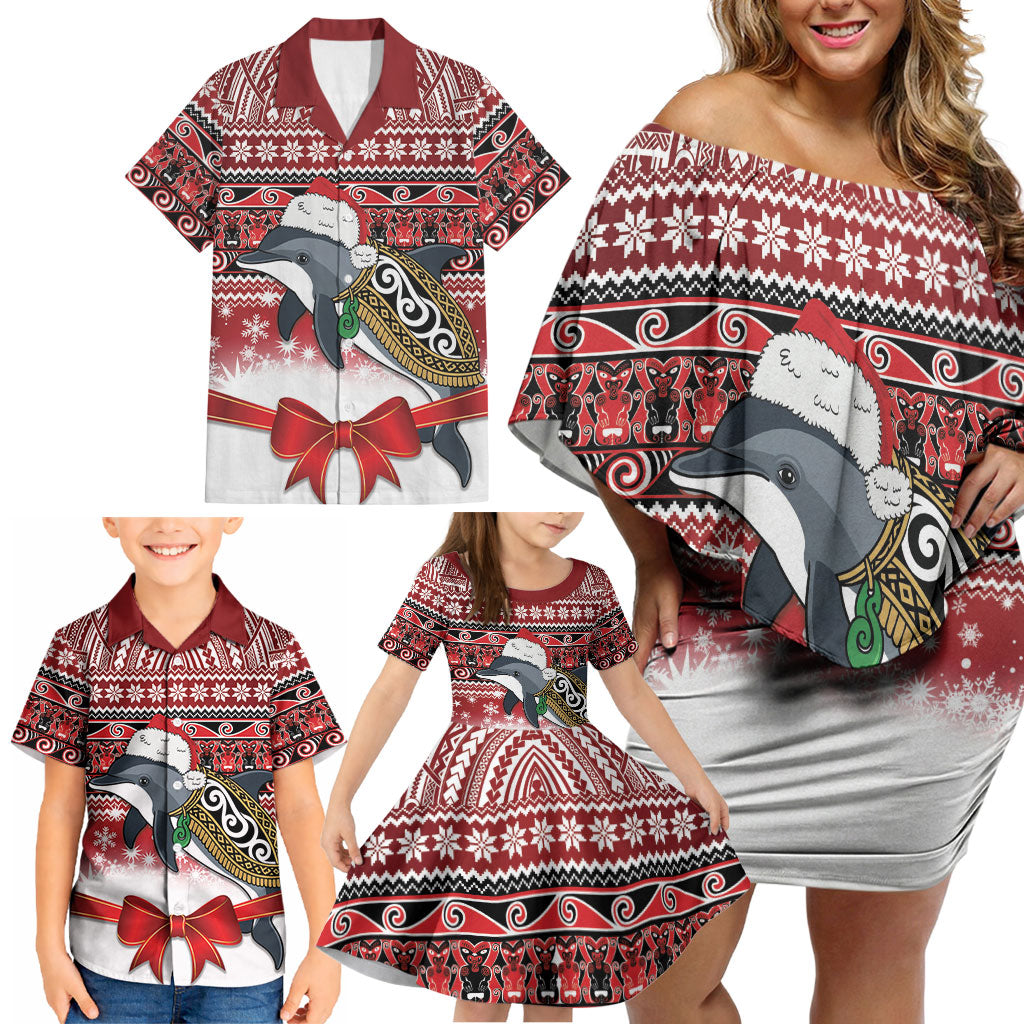New Zealand Dolphin Terehu Christmas Family Matching Off Shoulder Short Dress and Hawaiian Shirt Maori Inspired Knitted Patterns
